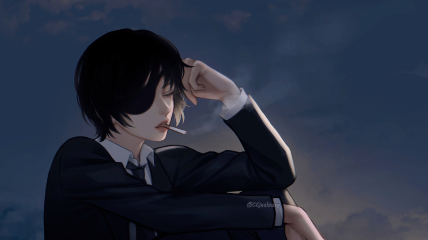 1girl androgynous black_hair black_necktie black_suit chainsaw_man cigarette closed_eyes commentary czy_(2894456992) eyepatch formal_clothes highres himeno_(chainsaw_man) necktie short_hair sitting smoke smoking solo suit twitter_username