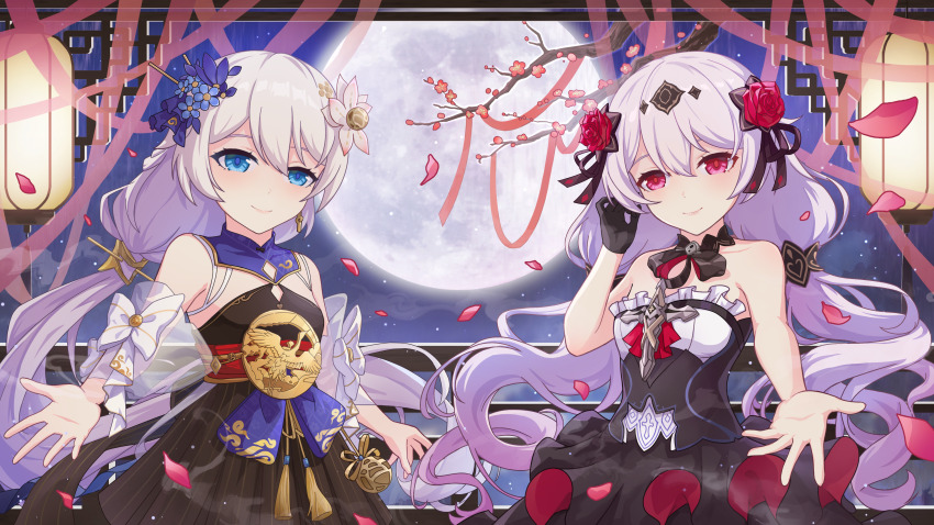 2girls absurdres bare_shoulders black_dress blue_eyes breasts chinese_commentary commentary_request dress falling_petals flower full_moon hair_flower hair_ornament henjiwumei highres honkai_(series) honkai_impact_3rd long_hair looking_at_viewer moon multiple_girls night night_sky petals reaching reaching_towards_viewer red_eyes red_flower red_rose rose sky small_breasts smile theresa_apocalypse theresa_apocalypse_(luna_kindred) very_long_hair white_flower white_hair zhuge_kongming_(honkai_impact)