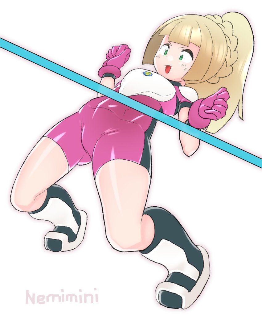 1girl artist_name blonde_hair female_focus gloves green_eyes highres lillie_(pokemon) limbo long_hair nemimini nintendo one-hour_drawing_challenge open_mouth pink_gloves pokemon pokemon_(anime) pokemon_sm_(anime) ponytail shorts shoulder_pads simple_background solo ultra_guardians_uniform white_background