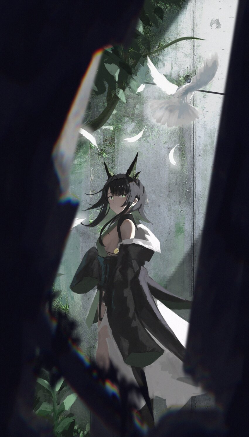 1girl absurdres animal arknights bare_shoulders bird black_hair black_jacket breasts chromatic_aberration closed_mouth colored_inner_hair dove emoji feathers green_eyes green_hair hashtag-only_commentary highres jacket looking_at_viewer medium_breasts medium_hair mon3tr_(arknights) multicolored_hair off_shoulder plant shikyou_yoru sideboob solo standing white_bird white_feathers