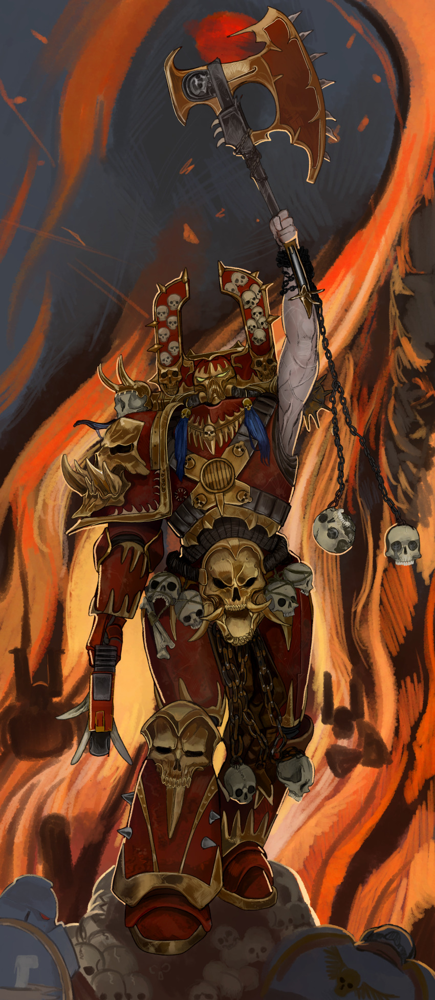1boy 3boys absurdres adeptus_astartes arm_up armor axe bolt_pistol breastplate chain chain_axe chaos_(warhammer) chaos_space_marine fiery_background fire gun helmet highres holding holding_axe holding_gun holding_weapon kharn_the_betrayer khorne_(cult) kkghost_tv leg_armor multiple_boys pauldrons pile_of_skulls power_armor shoulder_armor single_pauldron skull ultramarines warhammer_40k weapon world_eaters