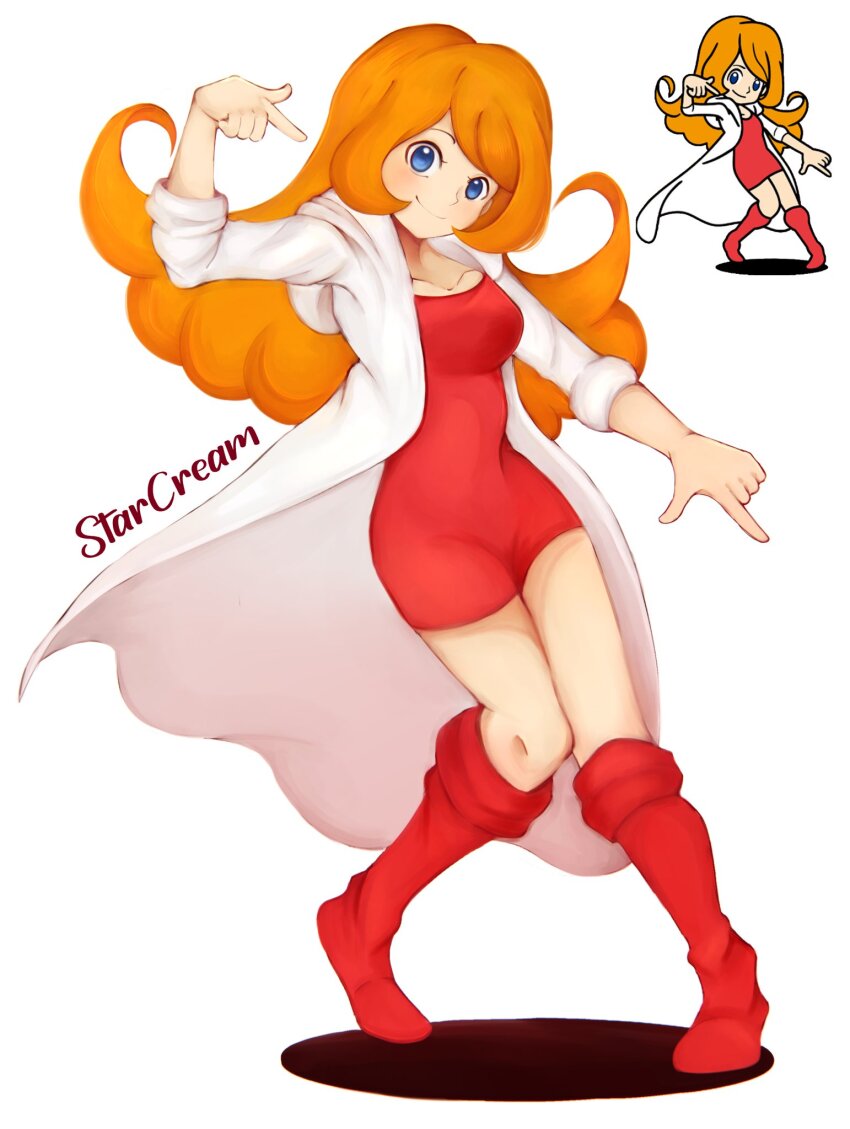1girl artist_name bad_id bad_twitter_id blue_eyes coat dress highres long_hair mona_(warioware) nintendo official_art_inset orange_hair red_dress red_footwear reference_inset simple_background smile starcreamovo warioware white_background white_coat