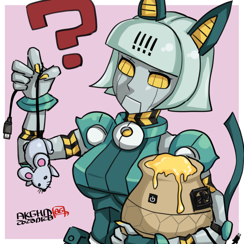 1girl ? absurdres android belt_pouch collar fan hamu_agaki highres holding honey honey_pot i/o mouse_(animal) computer_mouse pink_background pot pouch pun robo-fortune robot skullgirls solo upper_body usb yellow_eyes