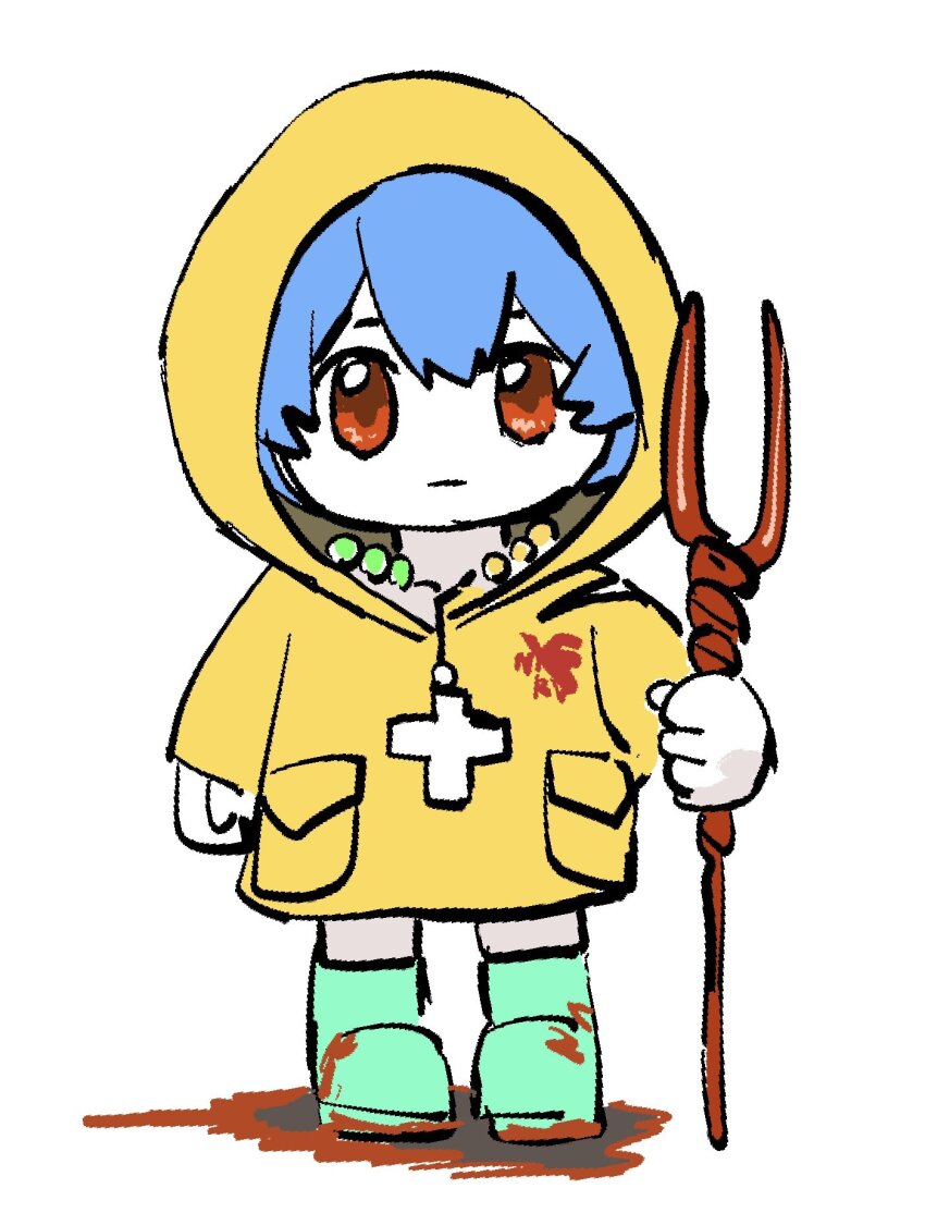 1girl :| ayanami_rei bead_necklace beads blue_hair boots chibi closed_mouth cosplay cross cross_necklace expressionless full_body green_boots hair_between_eyes highres holding holding_polearm holding_weapon hood hood_up jewelry jubilee_2025 lance_of_longinus_(evangelion) ldubng563045 logo looking_at_viewer luce_(jubilee_2025) luce_(jubilee_2025)_(cosplay) messy mud necklace neon_genesis_evangelion nerv pale_skin polearm raincoat red_eyes rosary rubber_boots short_hair simple_background solo standing straight-on weapon white_background yellow_raincoat
