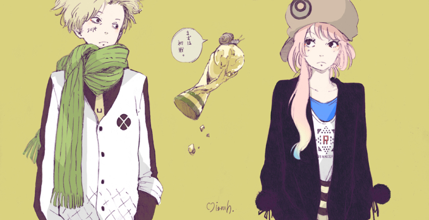 1boy 1girl black_eyes blonde_hair eyeshadow graphite_(medium) green_background hat jacket long_hair makeup makkamu mechanical_pencil original pencil pink_hair scarf short_hair signature snail sweater traditional_media