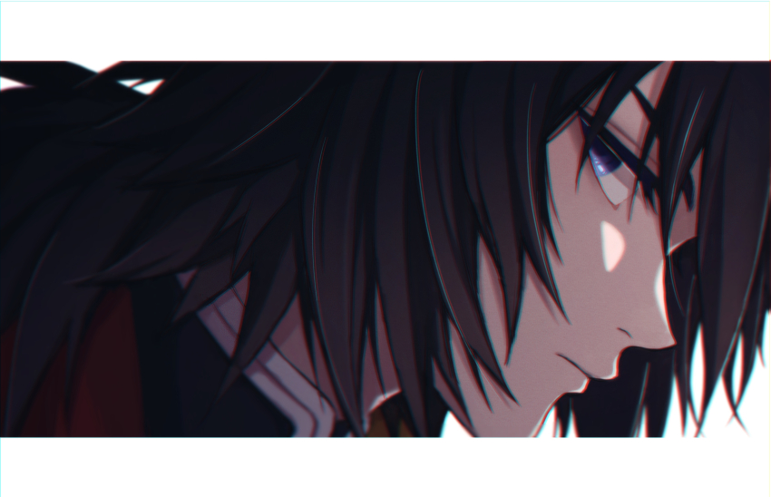 1boy absurdres black_hair border close-up closed_mouth commentary_request from_side highres kimetsu_no_yaiba looking_at_viewer male_focus medium_hair moxamog purple_eyes simple_background solo tomioka_giyuu white_background white_border