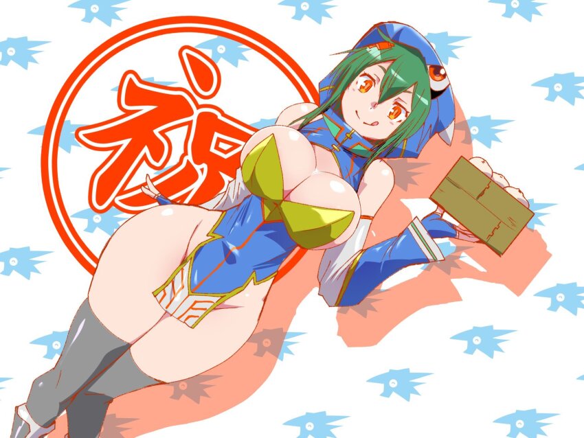1girl akeikou black_socks breasts china_dress chinese_clothes cleavage costume digimon dress female_focus fingerless_gloves gloves green_hair highres hood large_breasts no_panties orange_eyes shinomiya_rina socks solo thick_thighs thighs tongue tongue_out ulforcev-dramon wide_hips