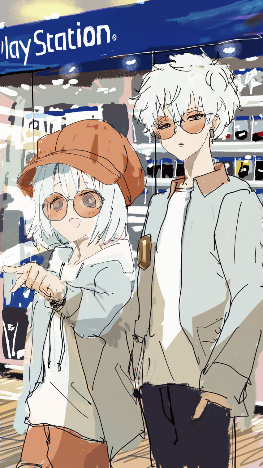 1boy 1girl behind_another black_pants cabbie_hat closed_mouth coeiroink commentary_request earrings grey_eyes grey_jacket hand_in_pocket hat highres hood hood_down hoodie indoors jacket jacket_over_hoodie jewelry kabuyama_kaigi kanata_(coeiroink) long_sleeves open_clothes open_jacket open_mouth orange-tinted_eyewear orange_hat orange_pants pants playstation_logo pointing reco_(coeiroink) shirt shop shopping short_hair smile standing sunglasses tinted_eyewear white_hair white_hoodie white_shirt