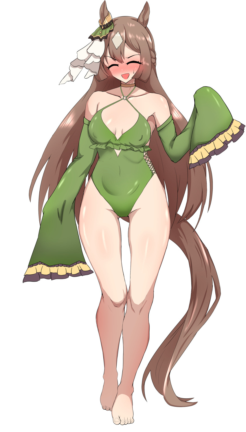 1girl absurdres alternate_color animal_ears blush braid breasts brown_choker brown_hair casual_one-piece_swimsuit choker closed_eyes commentary_request cosplay covered_erect_nipples criss-cross_halter cross-laced_clothes detached_sleeves ear_ornament flower fosshiru frilled_one-piece_swimsuit frills full_body green_one-piece_swimsuit green_sleeves hair_between_eyes hair_flower hair_ornament hairband half_up_braid halterneck highleg highleg_one-piece_swimsuit highres horse_ears horse_girl horse_tail kantai_collection large_breasts long_hair looking_at_viewer multicolored_hair nose_blush one-piece_swimsuit sagiri_(kancolle) sagiri_(kancolle)_(cosplay) sagiri_(swimsuit)_(kancolle) satono_diamond_(umamusume) sleeves_past_fingers sleeves_past_wrists solo swimsuit tail umamusume very_long_hair white_one-piece_swimsuit