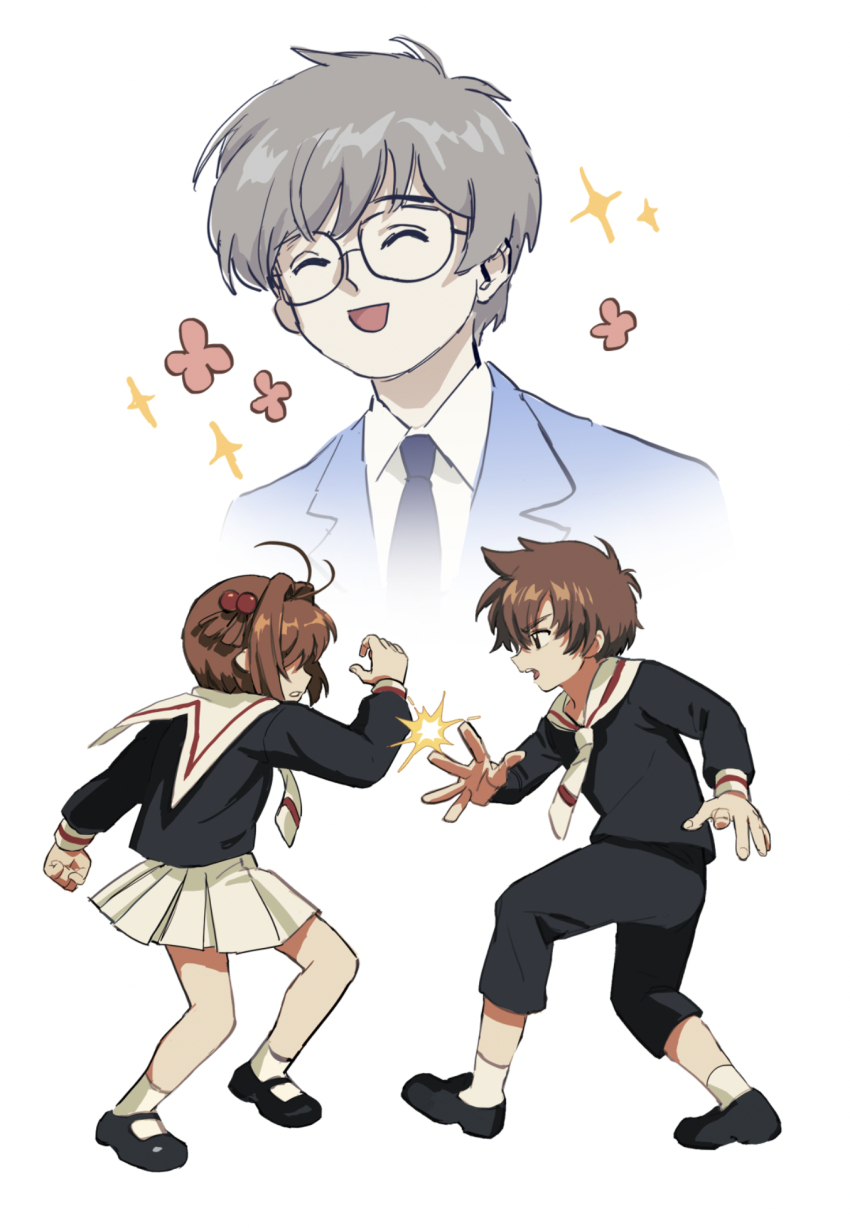 1girl 2boys aisikadan brown_hair cardcaptor_sakura child closed_eyes grey_hair happy highres kinomoto_sakura li_syaoran multiple_boys open_mouth sailor_collar school_uniform simple_background skirt socks tomoeda_elementary_school_uniform tsukishiro_yukito white_background white_sailor_collar white_skirt white_socks