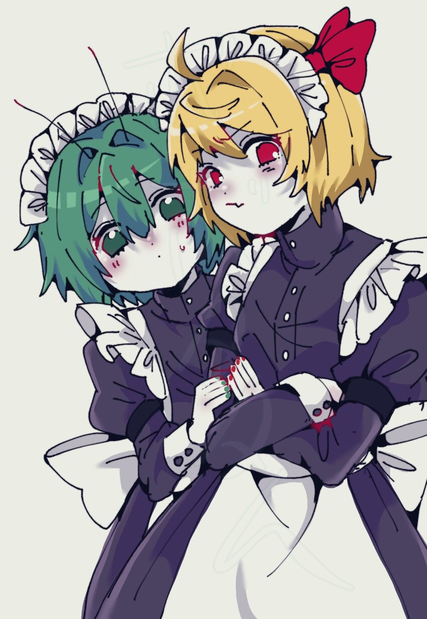 2girls alternate_costume antennae apron black_dress blonde_hair blush bobotatamu bow buttons closed_mouth commentary_request cowboy_shot crossed_arms dress enmaided fang frilled_apron frilled_dress frills frown green_eyes green_hair grey_background hair_between_eyes hair_bow hair_intakes highres juliet_sleeves long_sleeves maid multiple_girls puffy_sleeves red_bow red_eyes rumia short_hair simple_background skin_fang touhou translation_request white_apron wriggle_nightbug