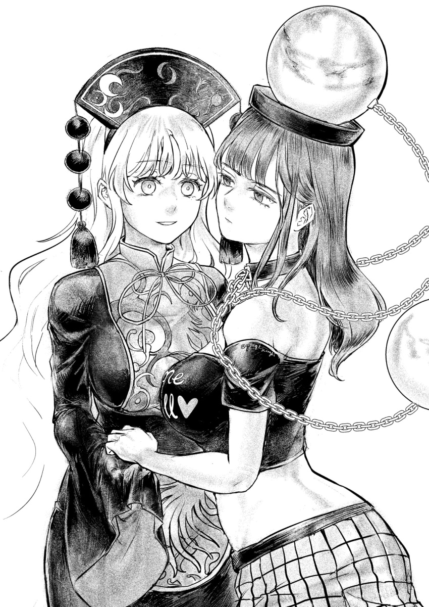 breasts chinese_clothes crescent_print dalachi_(headdress) earth_(ornament) gonglijeongli hecatia_lapislazuli highres junko_(touhou) long_hair long_sleeves medium_breasts midriff moon_(ornament) off-shoulder_shirt off_shoulder plaid_clothes plaid_skirt pom_pom_(clothes) shirt short_sleeves skirt tabard tassel touhou underworld_(ornament) very_long_hair wide_sleeves