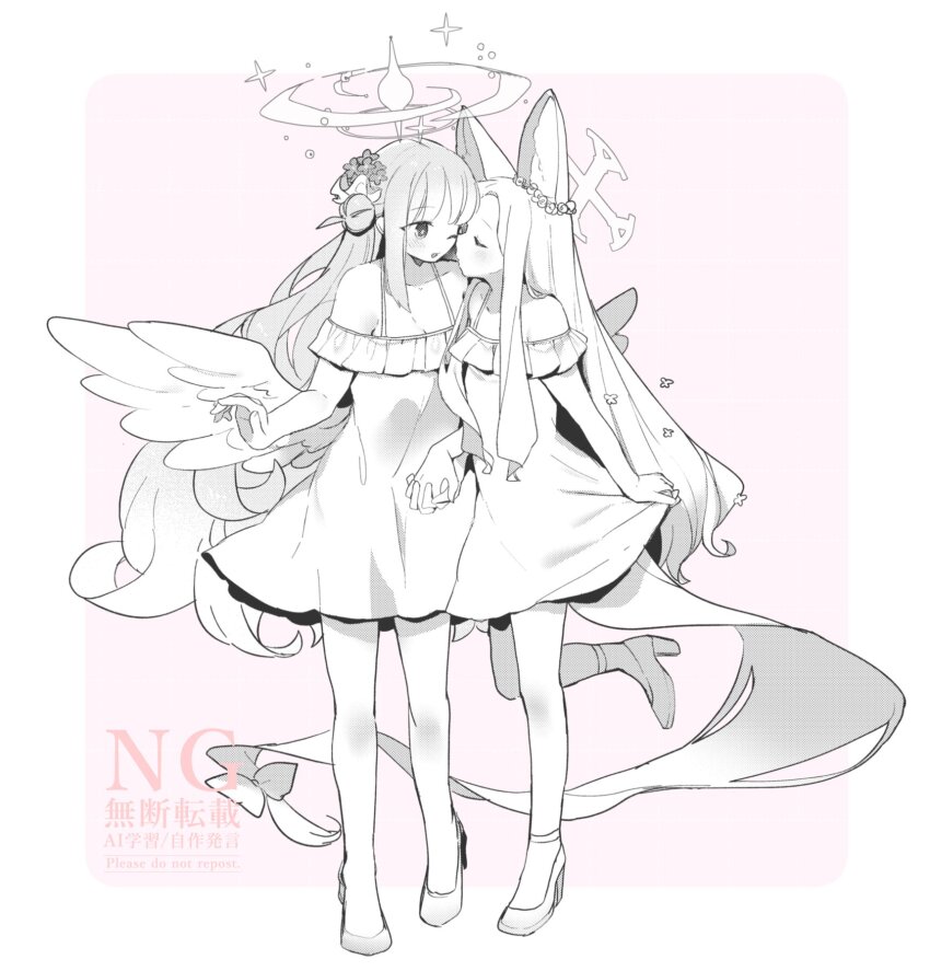 2girls animal_ears blue_archive commentary_request dress full_body greyscale hair_bun halo highres long_hair mika_(blue_archive) monochrome multiple_girls one_eye_closed open_mouth pink_background seia_(blue_archive) shoes single_hair_bun sleeveless sleeveless_dress standing standing_on_one_leg tail wings yun_(dust-i1) yuri