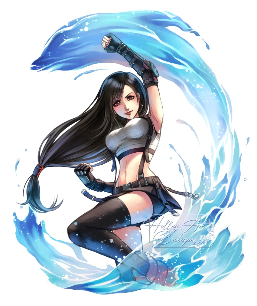 1girl absurdres arm_up armpits artist_name bike_shorts_under_skirt black_gloves black_hair black_skirt black_sports_bra black_thighhighs boots breasts clenched_hands closed_mouth commentary crop_top dolphin earrings english_commentary feet_out_of_frame fighting_stance final_fantasy final_fantasy_vii final_fantasy_vii_rebirth final_fantasy_vii_remake fingerless_gloves floating_hair gloves highres hollypolllyy jewelry knee_up large_breasts long_hair looking_at_viewer low-tied_long_hair midriff navel red_boots red_eyes red_lips signature single_arm_guard skirt smile solo sports_bra suspender_skirt suspenders tank_top thighhighs tifa_lockhart uppercut very_long_hair water watermark white_tank_top