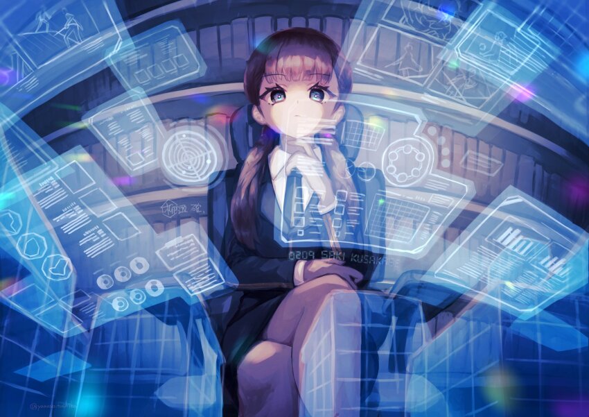 1girl black_eyes black_hair black_jacket black_necktie black_skirt bookshelf border_operator_uniform_(world_trigger) chair character_name closed_mouth collared_shirt cowboy_shot crossed_legs highres indoors jacket kusakabe_saki long_hair long_sleeves looking_at_viewer low_twintails necktie shirt sitting skirt solo twintails white_shirt world_trigger yanase_tashika