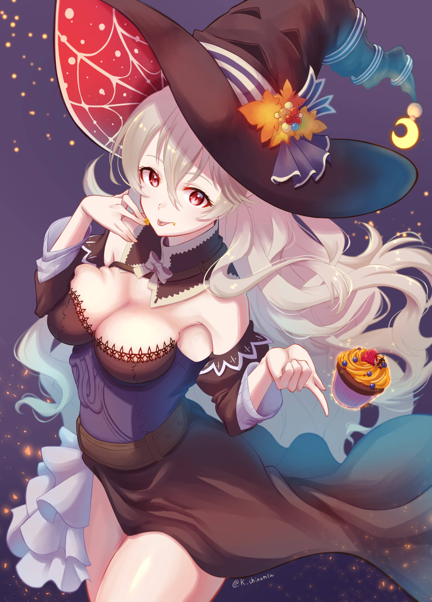 1girl absurdres black_dress black_hat breasts cleavage closed_mouth commentary_request corrin_(female)_(fire_emblem) cupcake detached_collar detached_sleeves dress fire_emblem fire_emblem_fates floating floating_hair food food_on_face grey_hair hair_between_eyes halloween halloween_costume hat highres karashino long_hair looking_at_viewer medium_breasts nintendo official_alternate_costume red_eyes slit_pupils smile solo strapless strapless_dress thighs tongue tongue_out twitter_username very_long_hair wavy_hair witch witch_hat