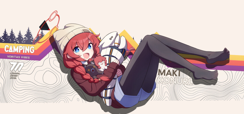 1girl :d beanie binah_(blue_archive) black_pantyhose blue_archive blue_eyes blue_shorts blush braid brown_background brown_hat character_name collared_shirt commentary_request double-parted_bangs drop_shadow english_text feet full_body hair_between_eyes hair_over_one_eye hair_tie halo hat highres holding holding_stuffed_toy jacket long_hair looking_at_viewer low_twin_braids maki_(blue_archive) maki_(camp)_(blue_archive) makolas97 official_alternate_costume open_mouth pantyhose reclining red_hair red_halo red_jacket shadow shirt short_shorts shorts sidelocks sleeves_past_wrists smile solo stuffed_animal stuffed_toy teddy_bear twin_braids