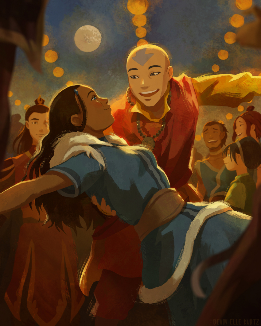 3boys 3girls aang aged_up avatar:_the_last_airbender avatar_legends bald blush brown_hair burn_scar couple crowd dancing dark-skinned_female dark_skin devin_elle_kurtz highres husband_and_wife katara laughing multiple_boys multiple_girls scar smile sokka suki_(avatar) tattoo toph_beifong zuko