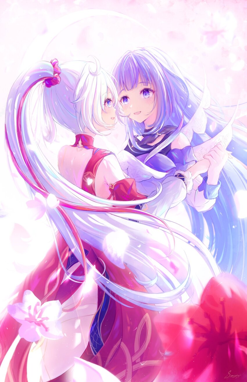 2girls blue_eyes commentary dancing dress flower high_ponytail highres holding_hands honkai_(series) honkai_impact_3rd kiana_kaslana long_hair multicolored_hair multiple_girls ponytail purple_eyes purple_hair raiden_mei raiden_mei_(apho) red_dress red_hair smile snowpix streaked_hair symbol-only_commentary two-tone_hair very_long_hair white_hair yuri