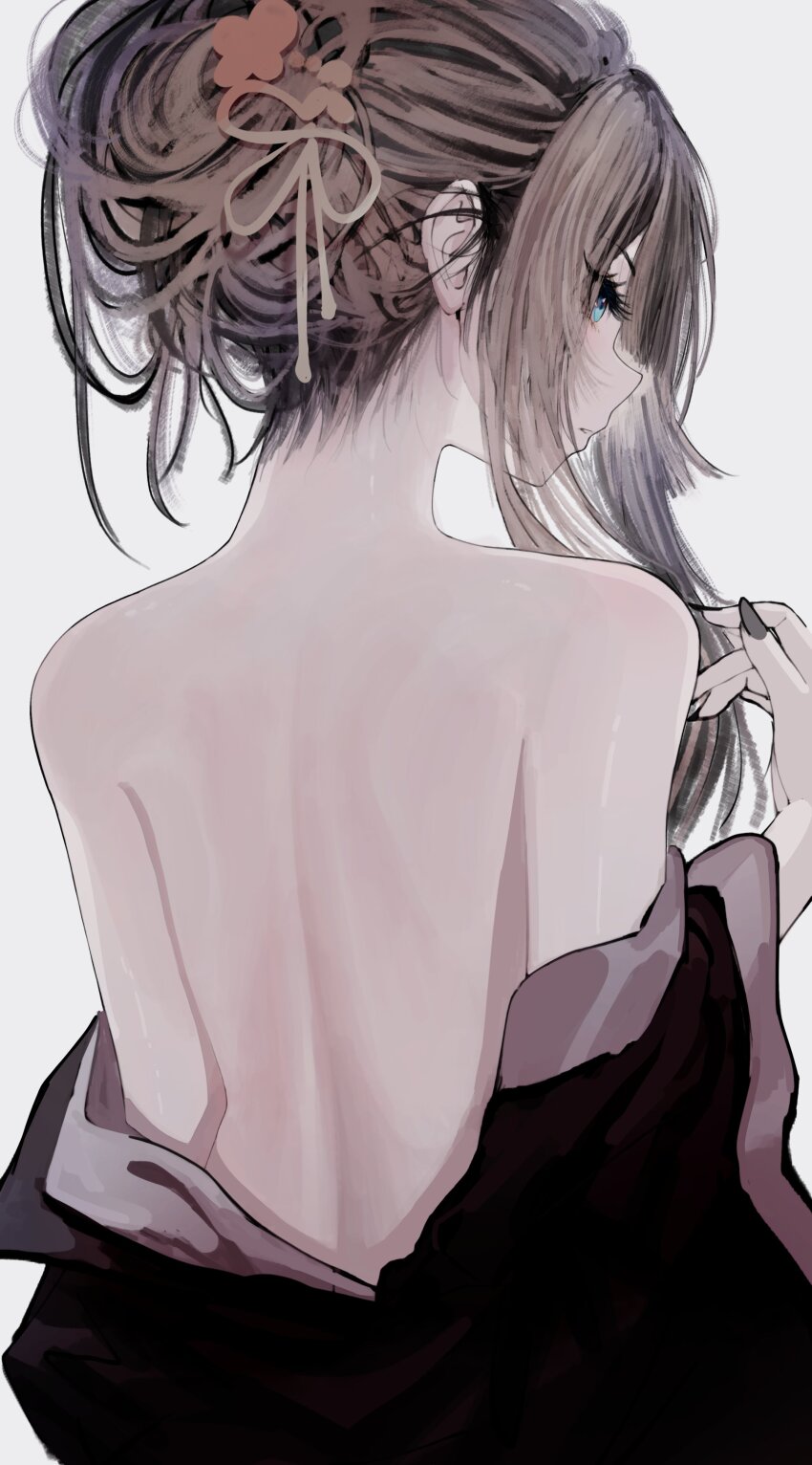 1girl absurdres bare_back bare_shoulders black_eyeliner blue_eyes brown_hair eyeliner grey_nails hair_ornament hair_ribbon highres hololive hololive_dev_is juufuutei_raden light_blush looking_ahead makeup multicolored_hair nail_polish nape open_clothes ribbon seeledayo simple_background solo streaked_hair virtual_youtuber white_background