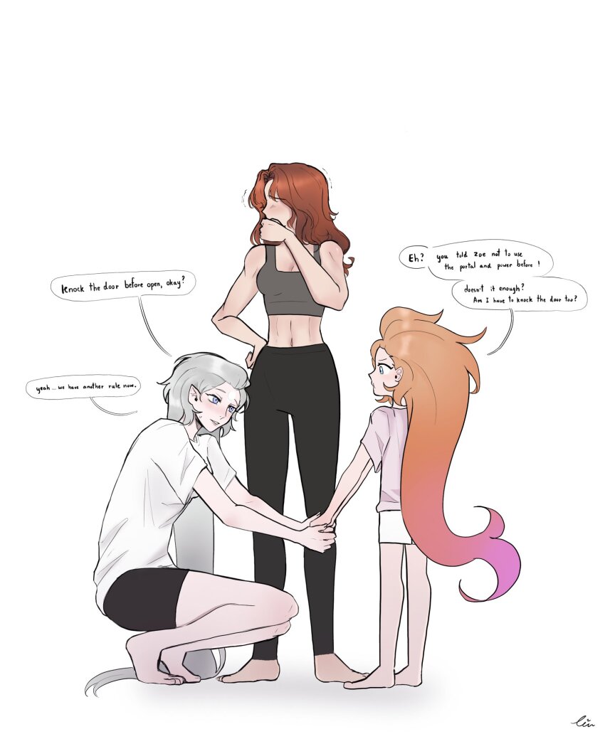 3girls bare_arms bare_shoulders barefoot black_shorts blonde_hair breasts brown_hair child diana_(league_of_legends) english_text from_side grey_hair highres large_breasts league_of_legends leona_(league_of_legends) multiple_girls navel pink_hair piuuu_(piuulol) shirt short_sleeves shorts speech_bubble squatting standing stomach white_shirt zoe_(league_of_legends)