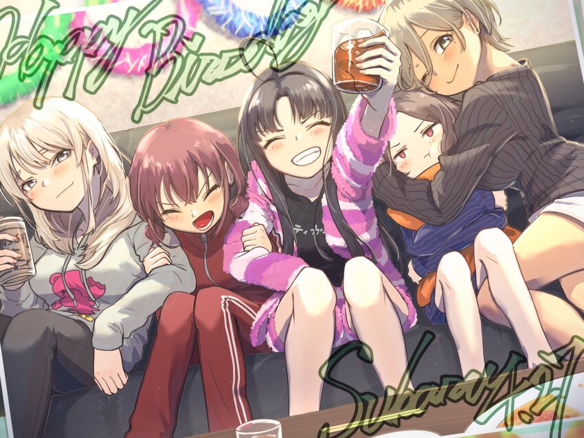 5girls ahoge asahi_breweries awa_subaru ayataka_syumimi beer_can black_pants black_shirt black_sweater blue_shirt blush brand_name_imitation breasts brown_eyes brown_hair can cheek_squash clenched_teeth closed_eyes closed_mouth commentary cup drink_can earclip ebizuka_tomo girls_band_cry grey_eyes grey_hair grey_hoodie hair_between_eyes happy_birthday highres holding holding_can holding_cup hood hoodie hug hugging_object iseri_nina jacket kawaragi_momoka large_breasts long_hair long_hair_between_eyes long_sleeves low_twintails lower_teeth_only mole mole_under_eye multicolored_hair multiple_girls open_mouth pants parted_bangs pillow pillow_hug purple_jacket purple_shorts red_eyes red_jacket red_pants roots_(hair) rupa_(girls_band_cry) shirt short_hair short_twintails shorts sitting striped_clothes striped_jacket striped_shorts sweater symbol-only_commentary teeth togenashi_togeari twintails white_shirt yuri
