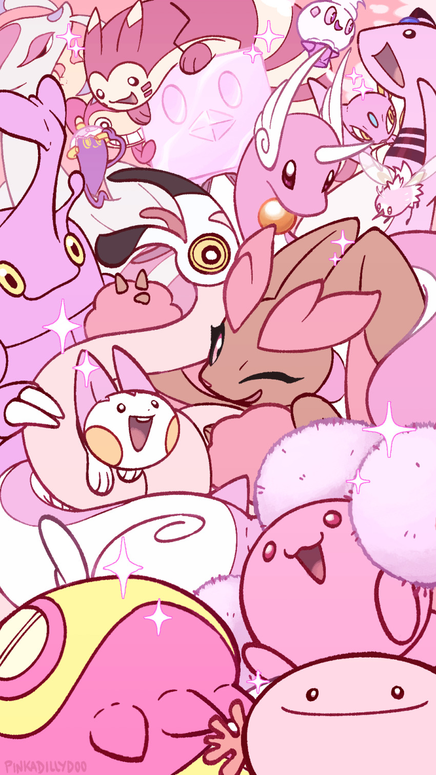 aipom alternate_color ampharos black_eyes closed_mouth colored_sclera cutiefly dragonair dunsparce eiscue flamigo furret furry gen_1_pokemon gen_2_pokemon gen_4_pokemon gen_5_pokemon gen_7_pokemon gen_8_pokemon heracross highres horns jumpluff lopunny mienshao nintendo one_eye_closed open_mouth pachirisu pink_eyes pink_theme pinkadillydoo pokemon pokemon_(creature) polteageist red_eyes shiny_pokemon single_horn smile sneasel vanillite wooper yellow_eyes yellow_sclera