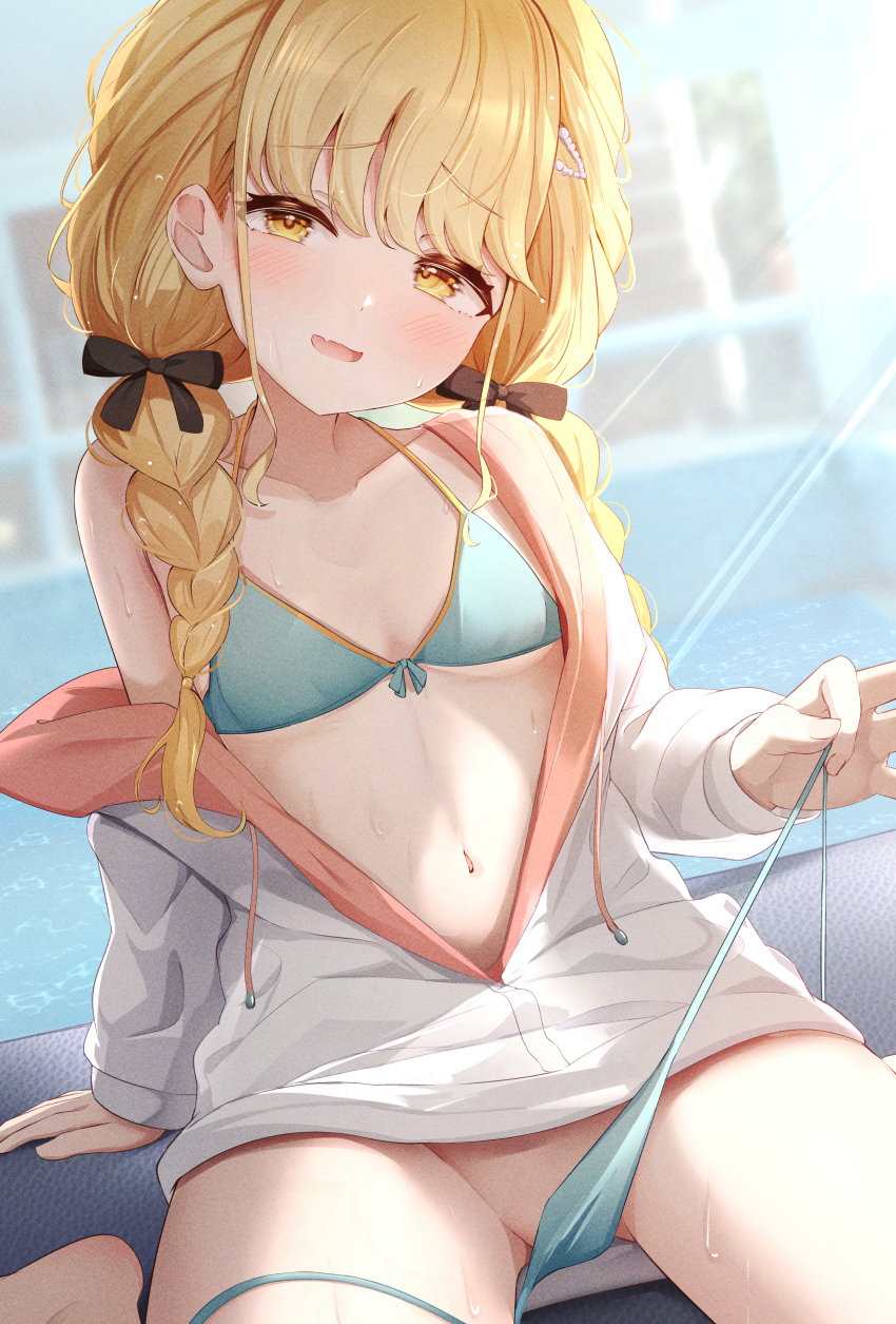 1girl absurdres alternate_costume bikini blonde_hair blush braid breasts collarbone commentary_request fang fujita_kotone gakuen_idolmaster hair_ornament highres idolmaster jacket lens_flare long_hair looking_at_viewer low_twin_braids navel open_mouth pool ribbon sitting sky_cappuccino small_breasts solo string_bikini swimsuit twin_braids very_long_hair yellow_eyes