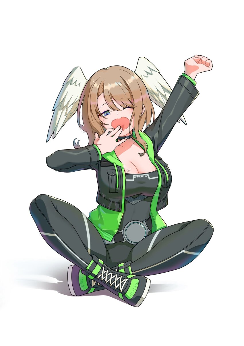 1girl arm_up black_bodysuit black_jacket bodysuit boots breasts brown_hair cleavage cropped_jacket crossed_legs dated_commentary eunie_(xenoblade) full_body head_wings hehe_jun highres jacket lace-up_boots large_breasts medium_hair one_eye_closed open_clothes open_jacket open_mouth simple_background sitting solo white_background wings xenoblade_chronicles_(series) xenoblade_chronicles_3 yawning