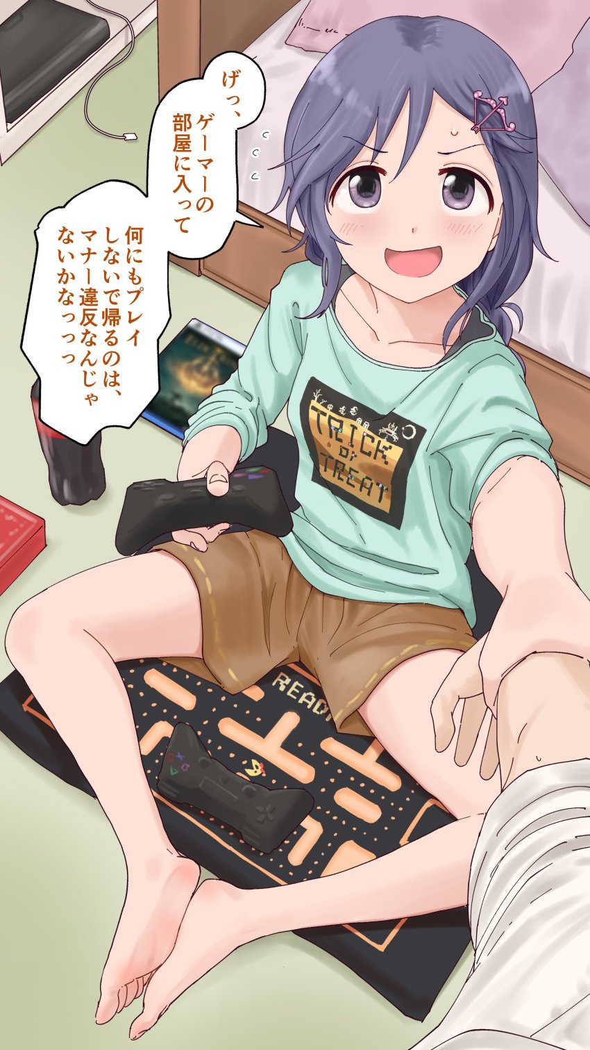 1girl 1other ^^^ absurdres barefoot bed bed_sheet bedroom bottle brown_shorts character_request child cola collarbone commentary_request controller copyright_request dig_dug dualsense elden_ring english_text feet_together from_above game_controller hair_ornament highres holding holding_another&#039;s_wrist holding_controller indoors inu_chikushou knees_apart_feet_together looking_at_viewer ms._pac-man pillow playstation_controller pov purple_hair shorts sitting soles speech_bubble sweatdrop translation_request