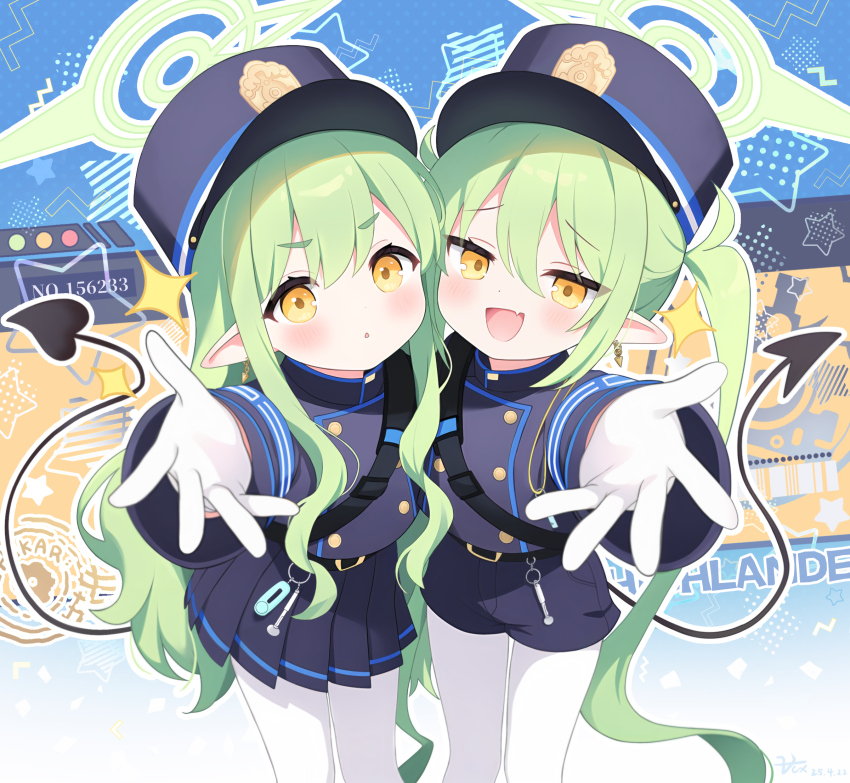 2girls belt black_belt blue_archive blue_jacket blue_shorts buttons commentary_request demon_tail fang gloves green_hair green_halo halo highres hikari_(blue_archive) jacket light_blush long_hair looking_at_viewer multiple_girls nozomi_(blue_archive) open_mouth pantyhose pointy_ears ponytail shorts skin_fang smile tail white_gloves white_pantyhose yellow_eyes zcx