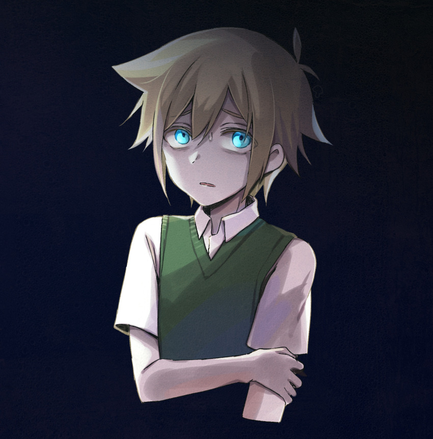 1boy antenna_hair arm_at_side bags_under_eyes basil_(faraway)_(omori) basil_(omori) black_background blonde_hair collared_shirt cropped_torso double-parted_bangs eyebrows_hidden_by_hair film_grain glowing glowing_eyes green_sweater_vest hair_between_eyes hand_on_own_arm hatching_(texture) highres looking_to_the_side looking_up male_focus manimarough omori parted_lips raised_inner_eyebrows shirt short_hair short_sleeves sidelighting simple_background solo sweatdrop sweater_vest white_shirt
