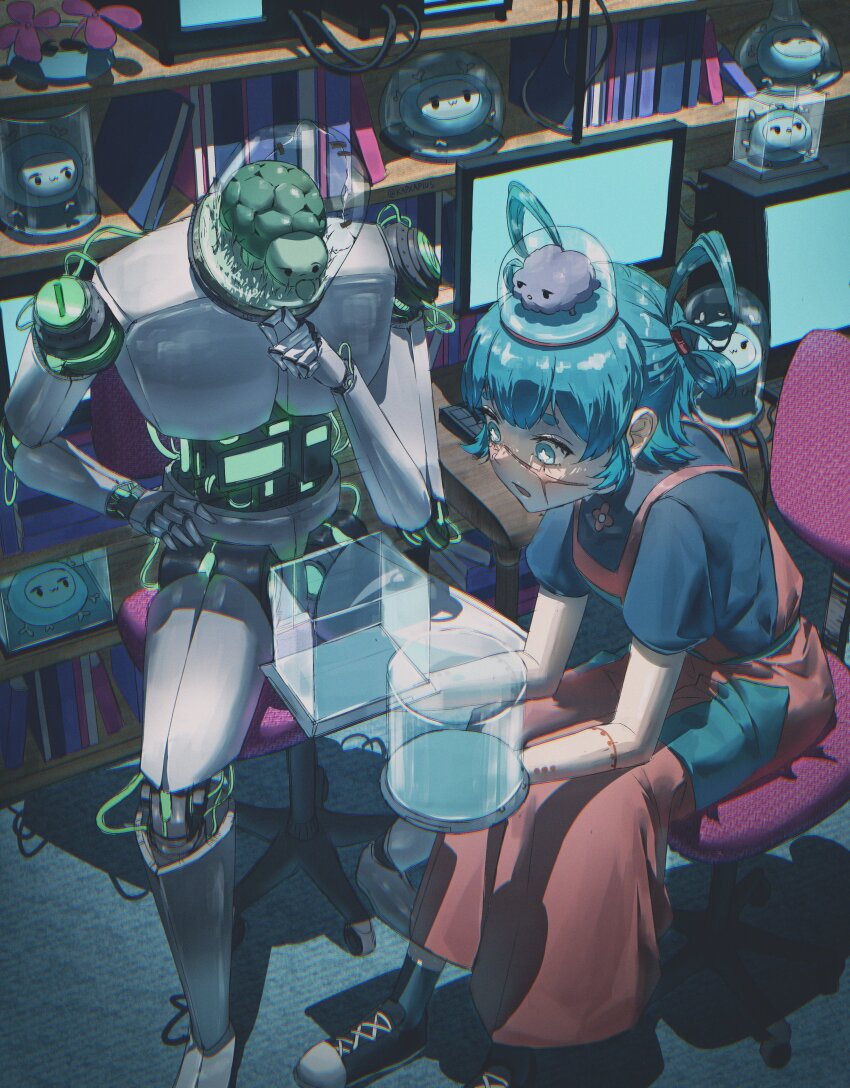 +_+ 1girl :3 absurdres aqua_eyes aqua_hair beaker black_shoes blue_shirt book brain bright_pupils cable chair closed_mouth commentary computer desk dress english_commentary exposed_brain eyelashes flower glass_dome highres holding indie_virtual_youtuber indoors kapxapius monitor office_chair open_mouth red_dress robot scar scar_on_face shadow shelf shirt shoes shoomimi shoominion_(shoomimi) short_sleeves sitting swivel_chair turtle vedal987 vedal_ai virtual_youtuber white_pupils
