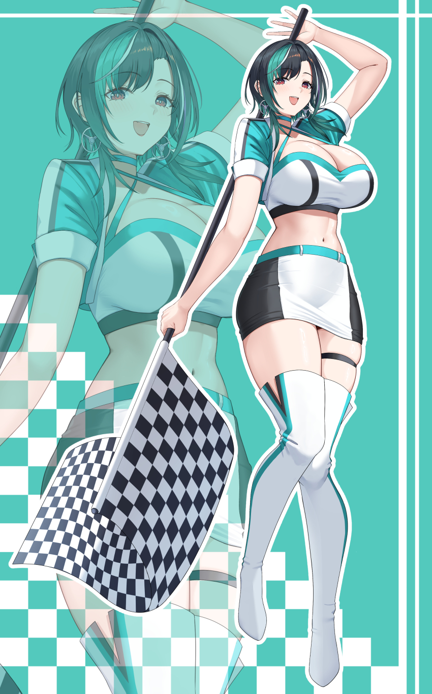 1girl absurdres aqua_background aqua_hair aqua_shirt arisugawa_ya arm_up black_hair black_skirt breasts checkered_background checkered_flag cleavage commentary_request flag full_body highres hololive hololive_dev_is large_breasts multicolored_hair multicolored_shirt navel open_mouth race_queen rindo_chihaya shirt short_hair skirt smile streaked_hair thighhighs thighs two-tone_skirt virtual_youtuber white_hair white_shirt white_skirt white_thighhighs zoom_layer