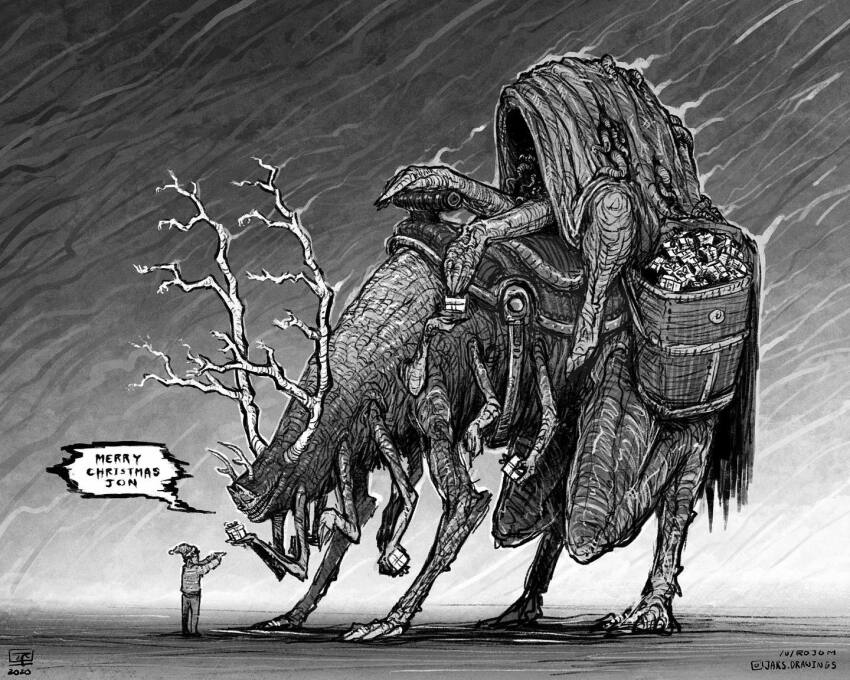 1boy animal_ears antlers body_horror cat cat_ears christmas commentary english_commentary english_text extra_arms extra_hands garfield garfield_(character) gift greyscale half-closed_eye hat horns horror_(theme) instagram_logo instagram_username jon_arbuckle jr_(jarsarts) monochrome riding saddle santa_hat smile