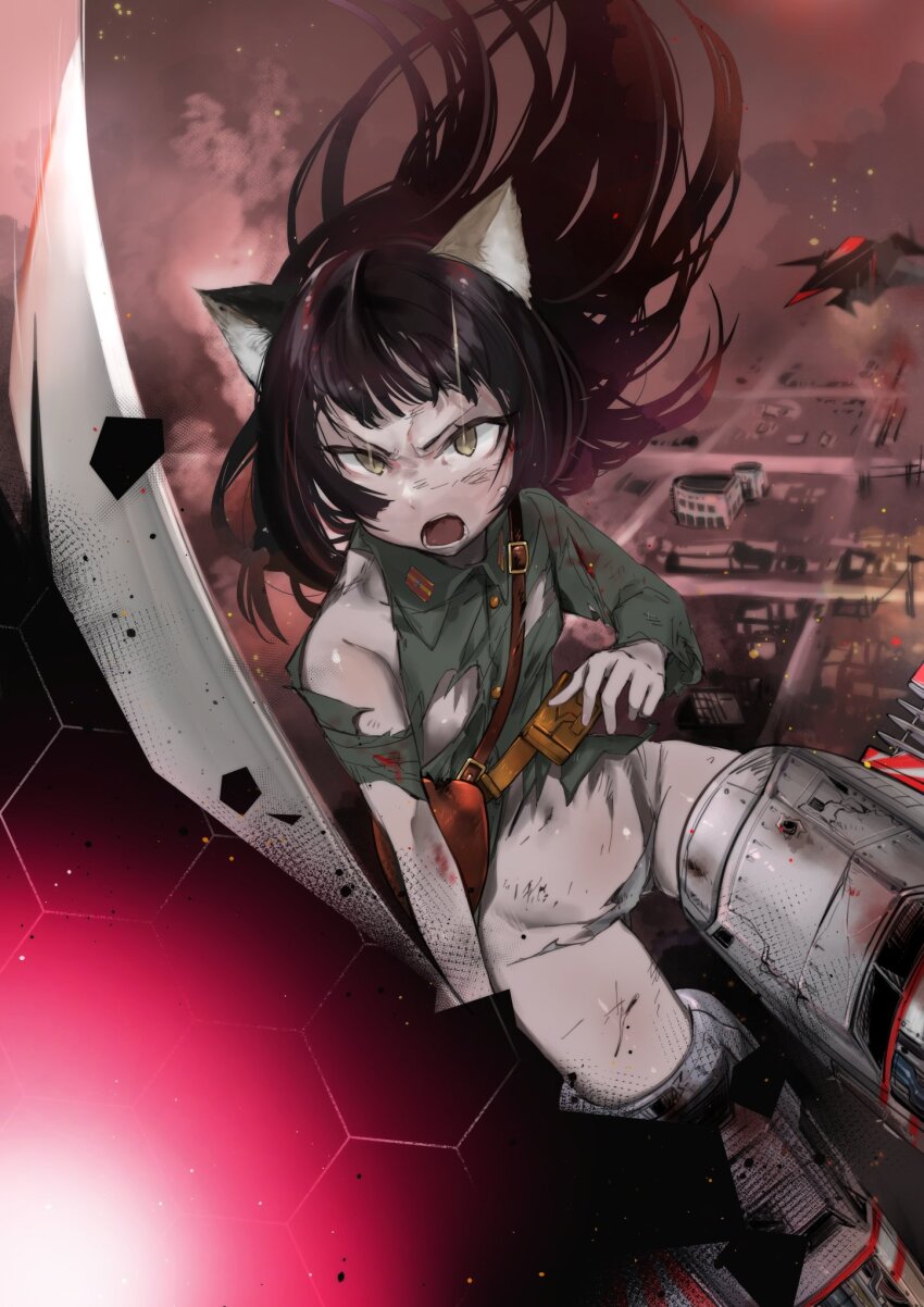 1girl angry animal_ears aohashi_ame black_hair cat_ears cat_girl destruction flying highres holding holding_sword holding_weapon imperial_japanese_army injury katana long_hair neuroi no_pants open_mouth original panties second-party_source striker_unit sword tail torn_clothes underwear weapon white_panties world_witches_series yellow_eyes