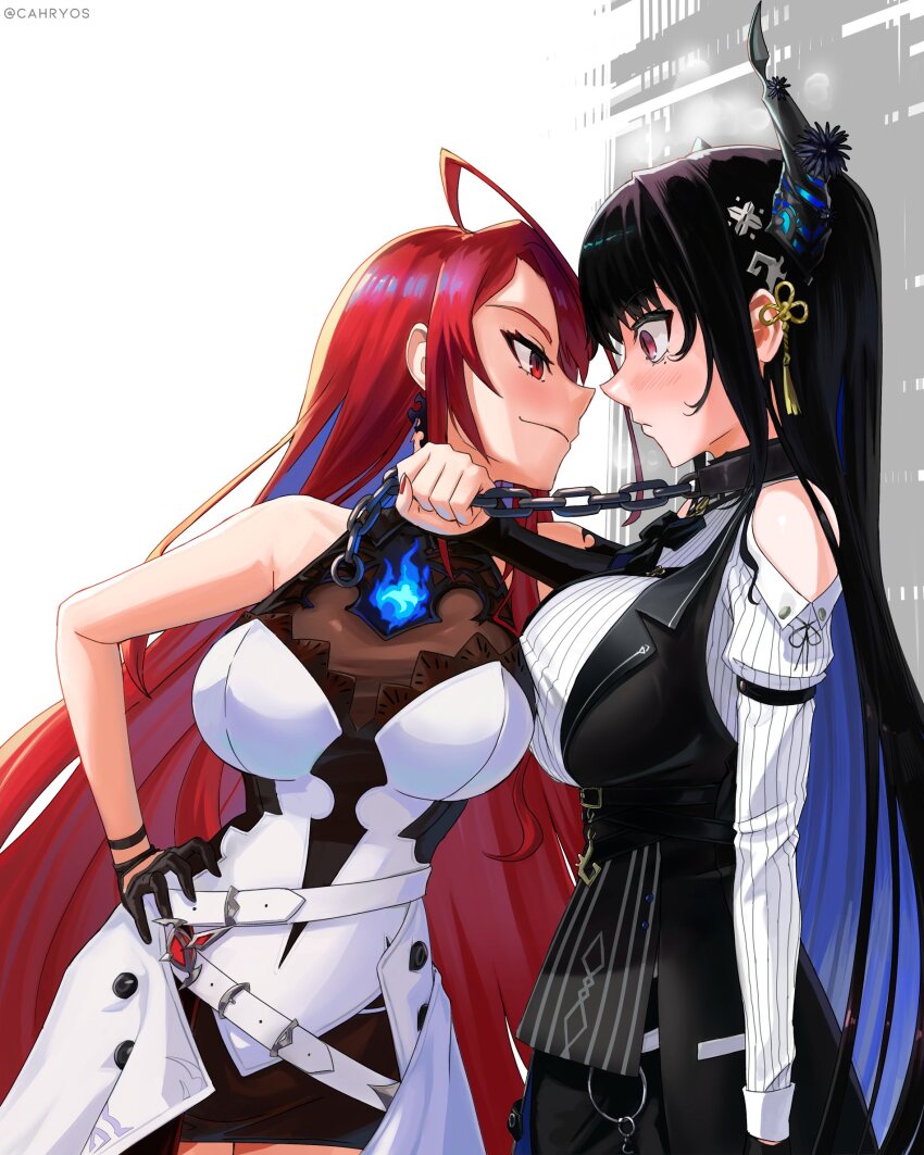 2girls ahoge black_gloves black_hair black_horns black_vest blue_fire blue_hair blush breasts cahryos chain collar colored_inner_hair dress elizabeth_rose_bloodflame elizabeth_rose_bloodflame_(1st_costume) face-to-face fire fire_on_chest gloves hand_on_own_hip highres hololive hololive_english horns large_breasts long_hair long_sleeves looking_at_another multicolored_hair multiple_girls nerissa_ravencroft nerissa_ravencroft_(1st_costume) red_eyes red_hair shirt single_glove vest virtual_youtuber white_dress white_shirt wide-eyed yuri