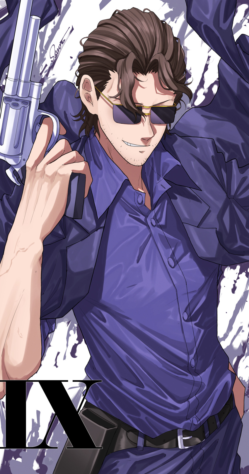 1boy absurdres belt billy_alfred black_jacket brown_hair facial_hair facing_viewer grin gun highres holding holding_gun holding_weapon holster jacket jacket_on_shoulders male_focus shishiruto smile solo standing stubble sunglasses undead_unluck weapon