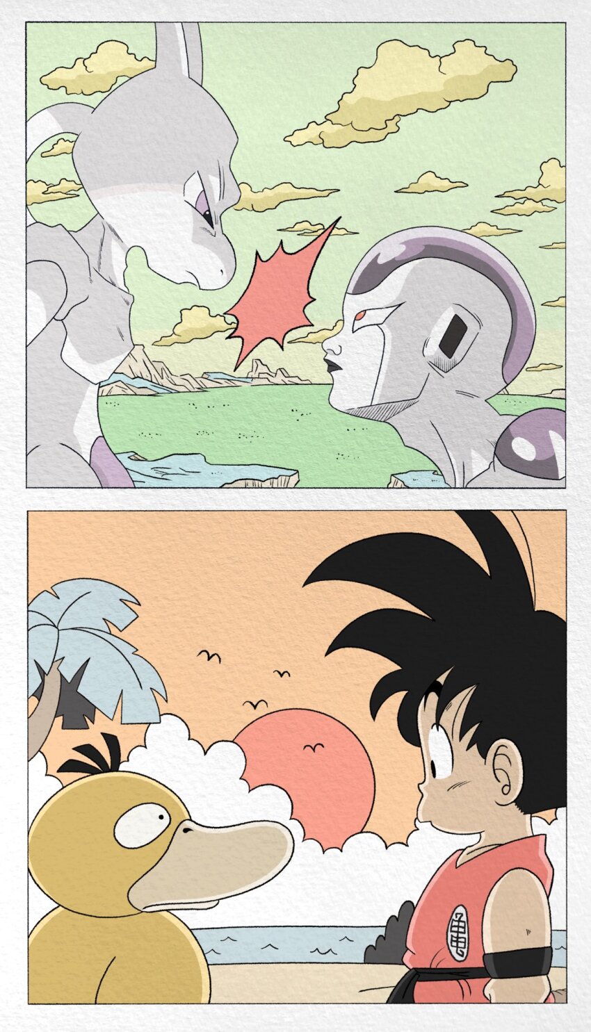 bird black_hair colored_skin crossover dougi dragon_ball dragon_ball_(classic) dragonball_z duck frieza gen_1_pokemon highres legendary_pokemon looking_at_another martial_arts_belt mewtwo muscular namek nintendo outdoors pokemon pokemon_(creature) psyduck red_eyes son_goku spiked_hair standing sunset wesatinthecar wristband