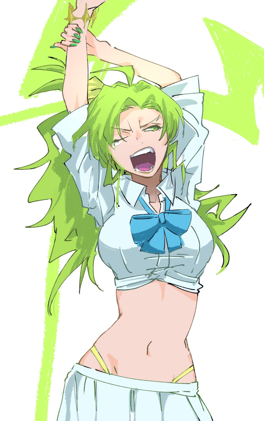 1girl ahoge arms_up bleach bleach:_sennen_kessen-hen blue_bow blue_bowtie bow bowtie bracelet candice_catnipp collared_shirt commentary cowboy_shot crop_top english_commentary female_focus green_eyes green_hair green_nails groin hair_bow highres hip_bones jewelry kubo_tite_(style) long_hair looking_to_the_side matching_hair/eyes navel official_alternate_costume school_uniform sekihan_(6kihan) shirt side_ponytail simple_background skirt sleeves_rolled_up solo stomach teeth v-shaped_eyebrows white_shirt white_skirt wing_collar yawning
