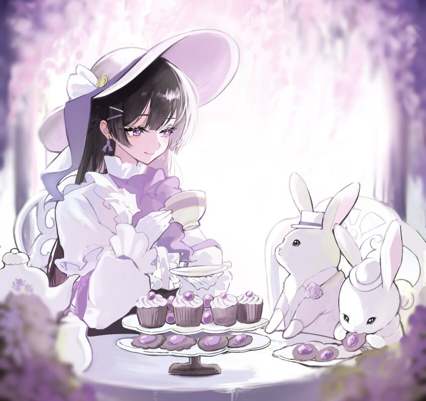 1girl alternate_costume black_hair blunt_bangs blurry blurry_background blurry_foreground center_frills collar commentary_request cup cupcake dress earrings eyelashes food frilled_collar frilled_sleeves frills gloves hair_ornament hairclip hat highres jewelry light_smile lolita_fashion long_hair looking_at_animal nijisanji on_chair picture_hat purple_eyes rabbit round_table sitting solo straight_hair table tasukiboshi_ja tea_party tea_set teacup teapot tsukino_mito virtual_youtuber white_dress white_gloves white_hat