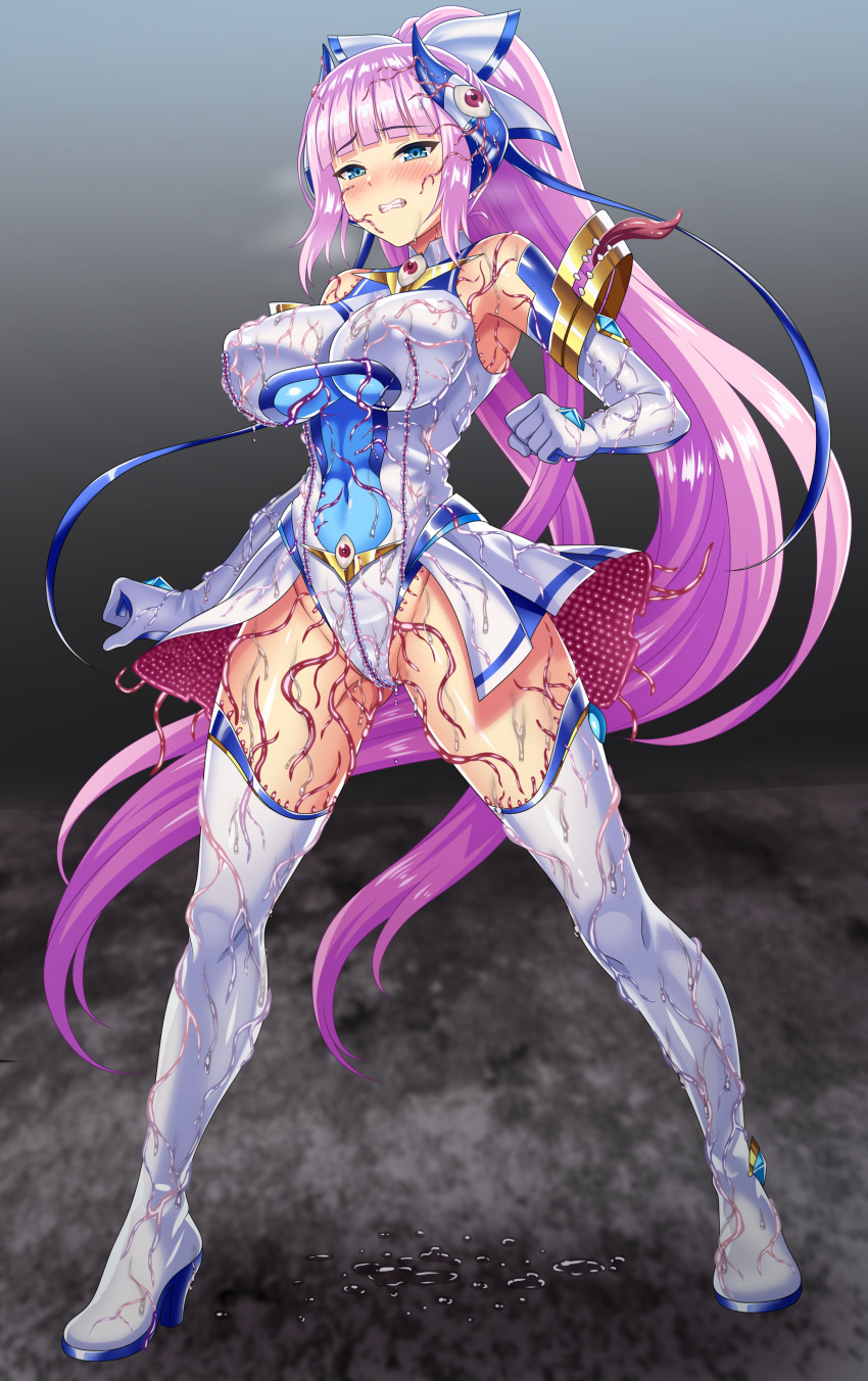 1girl absurdres blue_eyes blush boots bow breasts clenched_teeth corruption covered_erect_nipples covered_navel elbow_gloves element_venus full_body gloves hair_ornament high_heel_boots high_heels highres kisaragi_nozomi large_breasts leotard living_clothes long_hair looking_at_viewer magical_girl pink_hair ponytail purple_hair shinsou_seiki_elementia sirano slime_(substance) solo standing teeth tentacles thigh_boots thighhighs very_long_hair white_gloves white_leotard