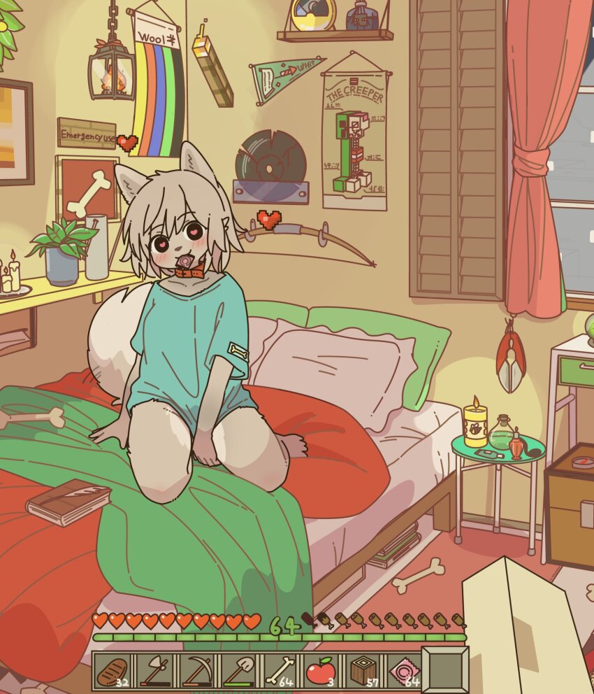 1boy 1girl aqua_shirt bed bedroom black_eyes blanket body_fur bone book bottle bow_(weapon) candle chest_(furniture) choker commentary compass condom condom_in_mouth condom_wrapper curtains english_commentary furry furry_female grey_fur grey_hair heads-up_display health_bar heart heart-shaped_pupils highres indoors kneeling lantern minecraft mouth_hold on_bed perfume_bottle pillow plant potted_plant pov record red_choker shears shelf shirt short_sleeves symbol-shaped_pupils torch user_interface vial weapon window window_shutter wolf_(minecraft) yagi_(mike_no_hito)