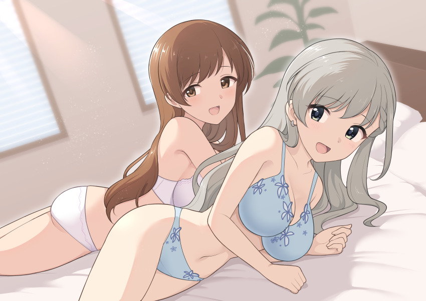 2girls absurdres bed_sheet blue_bra blue_eyes blue_panties bra breasts brown_eyes brown_hair from_side grey_hair headboard highres hisakawa_hayate idolmaster idolmaster_cinderella_girls large_breasts long_hair looking_at_viewer lying multiple_girls nitta_minami on_bed on_side on_stomach open_mouth panties perapera pillow plant potted_plant smile underwear underwear_only white_bra white_panties