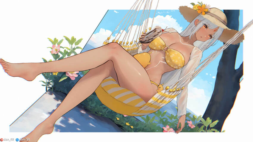 1girl alternate_costume azur_lane bikini body_markings bodypaint crossed_legs cup dan-98 dark-skinned_female dark_skin dutch_angle facial_mark forehead_mark hammock hat highres holding holding_cup long_hair manjuu_(azur_lane) massachusetts_(azur_lane) native_american o-ring o-ring_bikini patreon_username pixiv_username sitting sun_hat swimsuit white_hair
