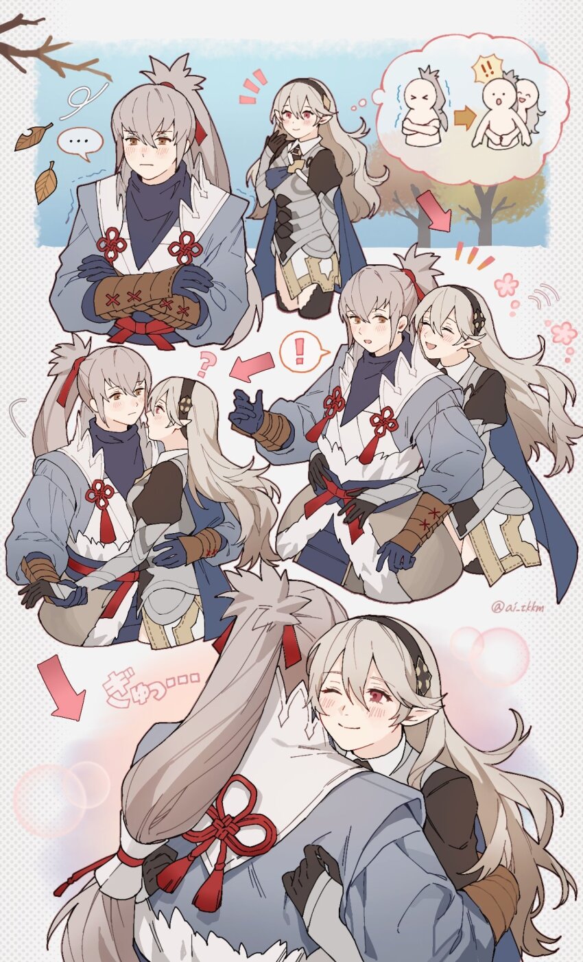 ! !! &gt;_&lt; ... 1boy 1girl ? ai_tkkm armor arrow_(symbol) artist_name autumn_leaves black_hairband blue_gloves blush branch brown_eyes closed_eyes closed_mouth commentary_request female_corrin_(fire_emblem) crossed_arms double-parted_bangs falling_leaves fire_emblem fire_emblem_fates flower gloves grey_hair hairband hetero highres holding_hands hug leaf long_bangs long_hair nintendo notice_lines one_eye_closed open_mouth pointy_ears ponytail red_eyes smile speech_bubble takumi_(fire_emblem) thought_bubble translation_request twitter_username