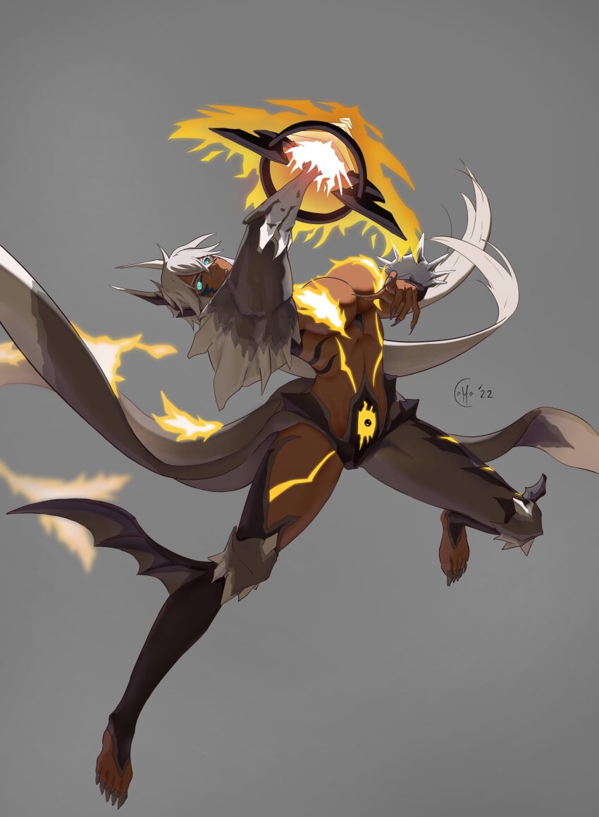 1girl absurdres alternate_form arrancar asymmetrical_legwear barefoot black_sclera bleach bleach:_brave_souls body_markings breasts colored_sclera commission dark-skinned_female dark_skin energy_sword eye_trail facial_mark fiery_tail fingernails fins fire fish_tail flame-tipped_tail flaming_sword flaming_weapon floating_hair grey_background highres holding holding_weapon hollow_(bleach) horn_ornament horns large_breasts leg_wings leggings light_trail long_fingernails long_hair long_toenails looking_at_viewer mismatched_legwear mocomiliano monster_girl parted_lips resurreccion shark_fin shark_girl shark_tail sharp_fingernails sharp_toenails simple_background skin_tight solo sword tail tier_harribel toenails topless_female weapon white_hair wings yellow_fire