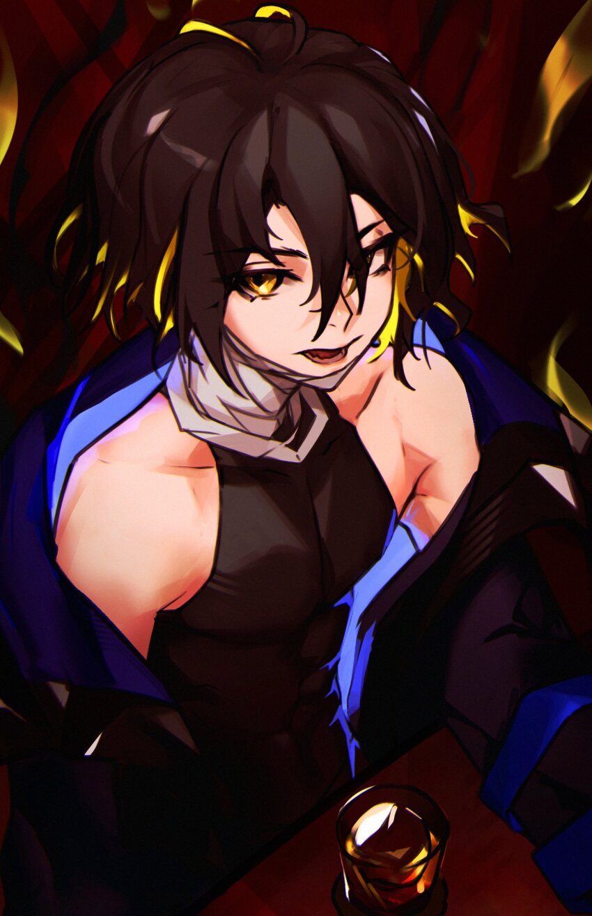 1boy alchemy_stars bandaged_neck bandages bare_shoulders black_jacket black_shirt blue_eyes brown_hair cup drinking_glass highres hydrad_(alchemy_stars) jacket looking_at_viewer male_focus medium_hair off_shoulder open_clothes open_jacket open_mouth shirt sitting solo vergil_mon yellow_eyes
