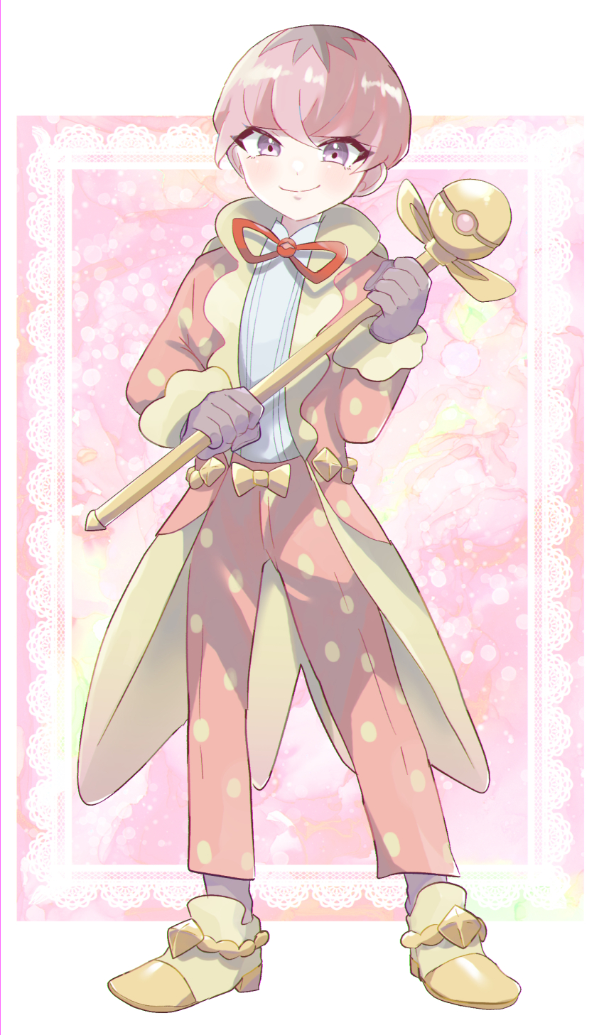 1boy absurdres blush cane closed_mouth coat commentary_request full_body game_freak gloves highres holding holding_cane ioringoxx long_sleeves male_focus neck_ribbon nintendo ortega_(pokemon) pants pink_coat pink_hair pink_pants pokemon pokemon_sv polka_dot_coat polka_dot_pants purple_eyes ribbon shirt shoes short_hair smile solo standing team_star white_shirt yellow_shoes