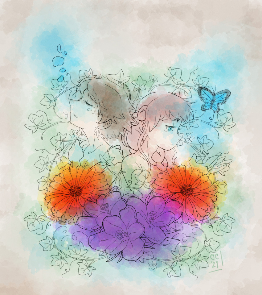 2girls bug butterfly digimon flower highres himekawa_maki insect menoa_bellucci multiple_girls